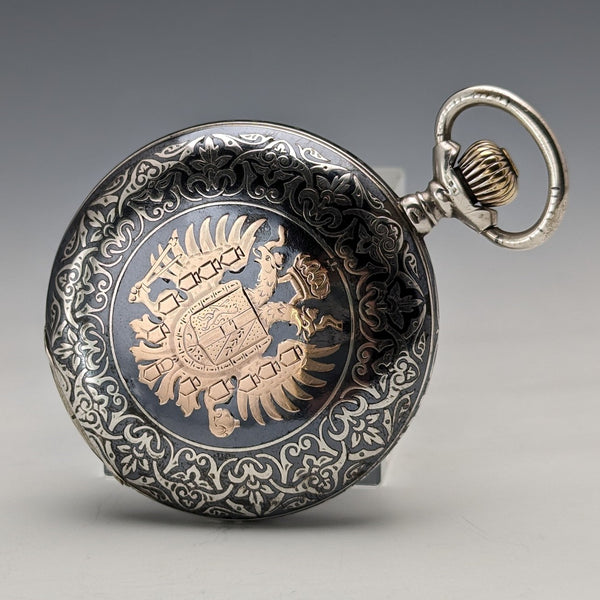 Antique Swiss made unsigned pocket watch, silver side, fine Niello, hunter case, in good working order